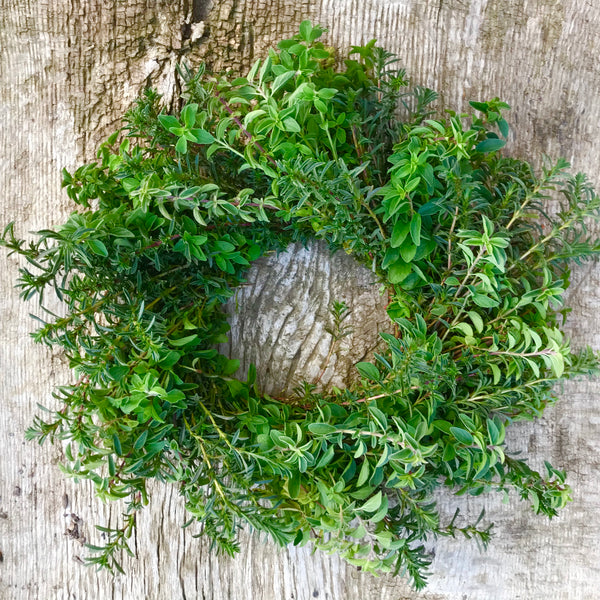 Enjoy this culinary aromatic wreath made of seasonal fresh herbs from the farm. A great addition for any kitchen. Wreaths are made to order so they will arrive fresh and dry overtime. Each wreath will vary in size between 9