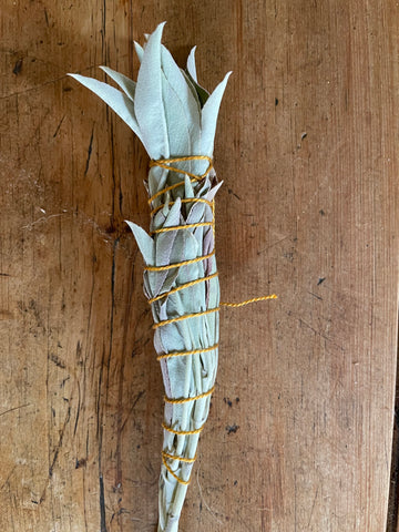 A wand made of various dried leaves and herbs that produces fragrant smoke when burned. Used among many Native American peoples in rituals intended to cleanse places, persons, or objects of negative spiritual energies, these sage wands are a perfect gift for any friend.   All of our Sage wands are tied with golden thread; the golden thread that connects us with one in another in trust, humility, compassion & a good giggle. All our SAGE IS GROWN, COLLECTED & WRAPPED ON SITE.  CCOF